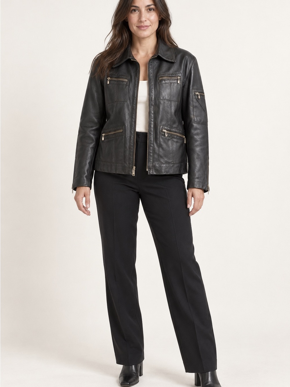 Women's Black Leather Zip Pocket Jacket